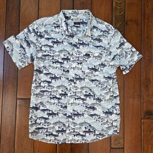 RVCA x Ben Horton Button Up Shirt Men's M All Over Fish Print Short Sleeve Blue